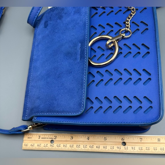 Moda Luxe Elianna Crossbody Bag Cobalt Blue Perforated Mini Bag Gold Ring Accent - Picture 12 of 16